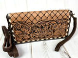 Rustic Lattice and Floral Tooled Leather Wallet Organizer Carryall