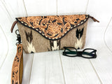 Greige Wool Patterned Leather Tooled Clutch Wristlet