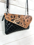 Western Black Quilted Leather Tooled Envelope Style Purse