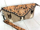 Greige Wool Patterned Leather Tooled Clutch Wristlet