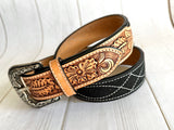 Black Suede and Leather Tooled Western Belt