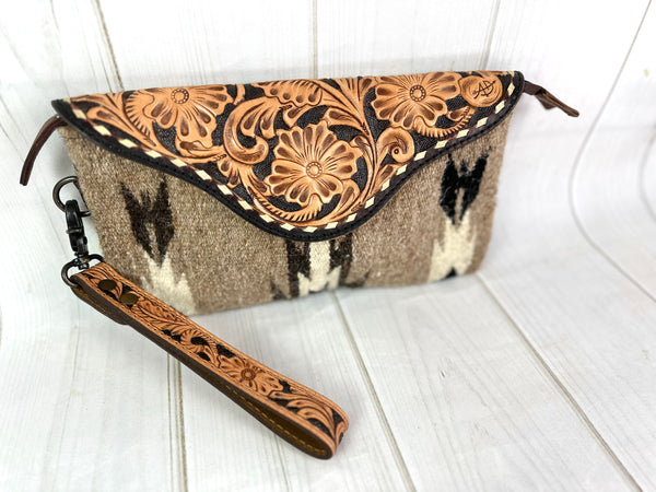 Greige Wool Patterned Leather Tooled Clutch Wristlet