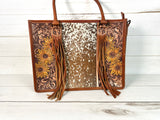 Prescott Cowhide Leather Tote with Tooled Painted Sunflowers