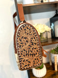 Leather Tooled and Cowhide Western Sling Bag