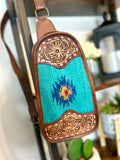 Leather and Wool Aztec Design Western Sling Bag