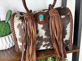 Cowhide Leather Braided Handle Fringe Handbag