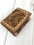 Tri-Fold Sunflower Leather Tooled Western Wallet