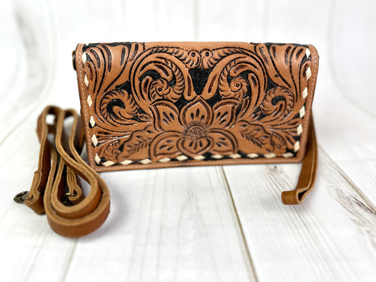 Tulip Tooled Leather Wallet Organizer Carryall