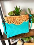 Turquoise Suede Brocade Medium Leather Tooled & Buckstitch Purse