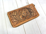 Large Leather Floral Tooled Zipper Wallet