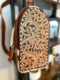 Leather Tooled and Cowhide Western Sling Bag