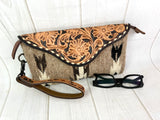 Greige Wool Patterned Leather Tooled Clutch Wristlet