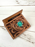 Blue Floral Tooled Tri-Fold Leather Western Wallet