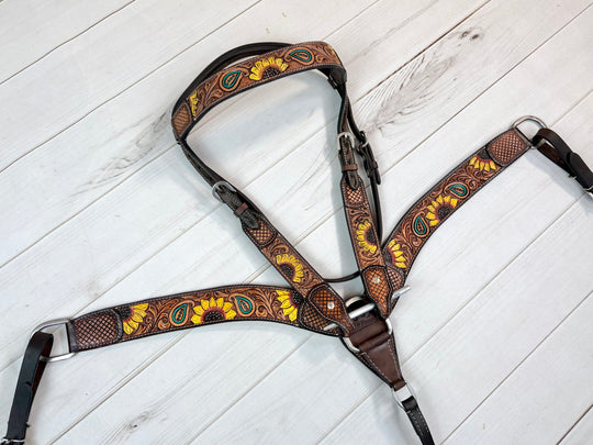 Bold Sunflower Paisley Tooled Leather Tack Set