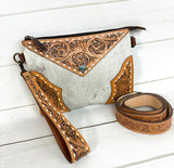 Cowhide and Tooled Leather Wristlet Crossbody Combo Bag