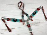 Grey, Red, Turquoise Cross Corded Cotton and Leather Tack Set