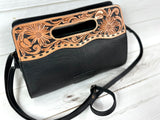 Western Black Quilted Leather Tooled Handle Bag - Clutch