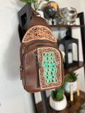 Turquoise and Brown Leather Tooled Sling Bag