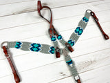 Grey and Turquoise Corded Cotton and Leather Tack Set