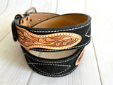 Black Suede and Leather Tooled Western Belt