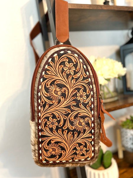Leather Tooled and Cowhide Western Sling Bag
