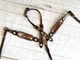 Cowhide on Dark Leather Tack Set with Buckstitch and Crystal Conchos