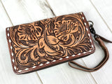 Dark Brown Floral Tooled Leather Buckstitch Zipper Wallet and Wristlet