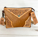 Cowhide and Tooled Leather Wristlet Crossbody Combo Bag