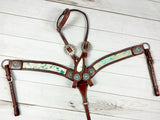 White Cowhide and Leather Tack Set with Turquoise Splatter