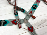 Grey, Red, Turquoise Cross Corded Cotton and Leather Tack Set