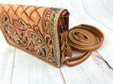 Teal Border Tooled Leather Wallet Organizer