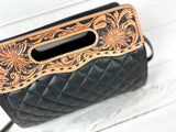 Western Black Quilted Leather Tooled Handle Bag - Clutch