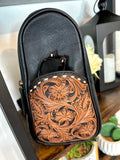 Western Black Leather Tooled Bucktitch Sling Bag