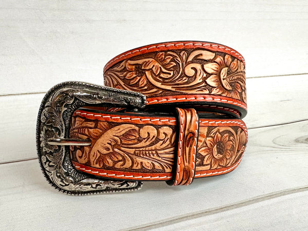 Camel Border Floral Tooled Leather Woman’s Belt