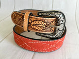 Red Suede and Leather Tooled Western Belt