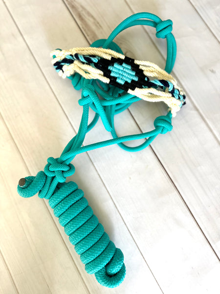 Woven Wool Turquoise Noseband on Black Nylon Cowboy Knot Halter