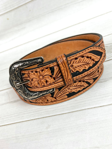 Buckstitch Trim Tooled Leather Belt & Buckle #5005