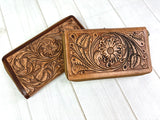 Large Leather Floral Tooled Zipper Wallet