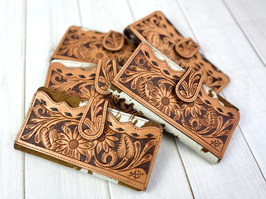 Sunflower Tooled Buckstitch and Leather Scalloped Cowhide Wallet