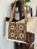 Cowhide and Sunflower Painted and Tooled Pocket Tote