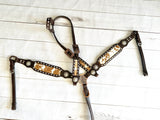 Cowhide on Dark Leather Tack Set with Buckstitch and Crystal Conchos