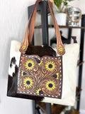 Cowhide and Sunflower Painted and Tooled Pocket Tote