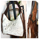 Teal Dotted Border Leather Tooled Cowhide Fringe Hobo Purse