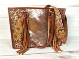 Prescott Cowhide Leather Tote with Tooled Painted Sunflowers