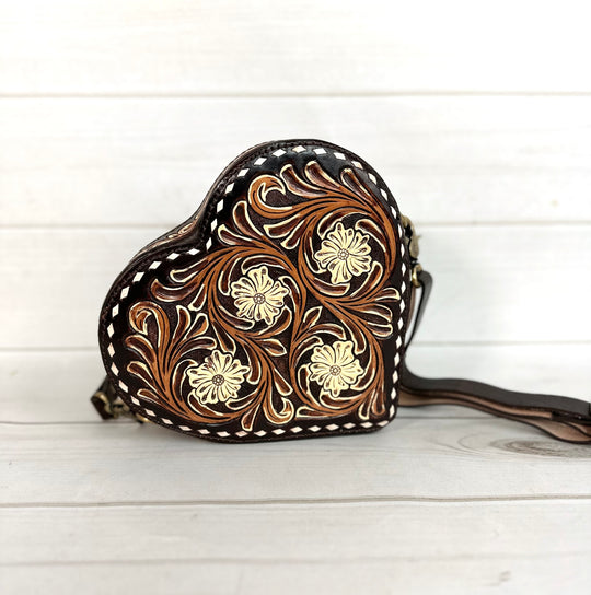 Heart Shaped Cream Floral Leather Tooled Canteen Bag