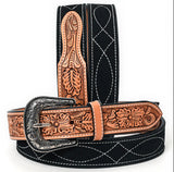 Black Suede and Leather Tooled Western Belt