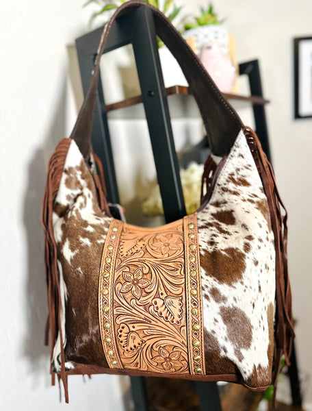 Hide & Floral Leather Tooled Hobo Fringe Handbag