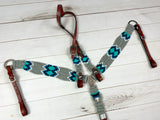 Grey and Turquoise Corded Cotton and Leather Tack Set