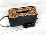 Western Black Quilted Leather Tooled Handle Bag - Clutch