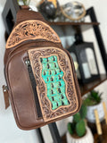 Turquoise and Brown Leather Tooled Sling Bag